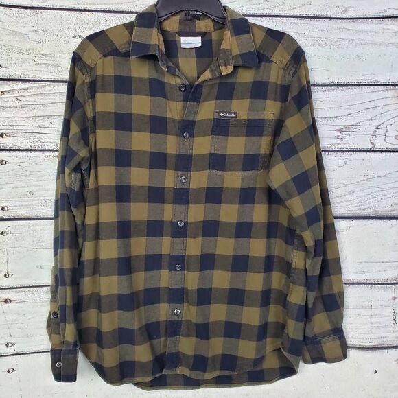 Columbia Men’s Flannel Shirt M Green Black Plaid Long Sleeve Cotton Blend - Picture 1 of 6